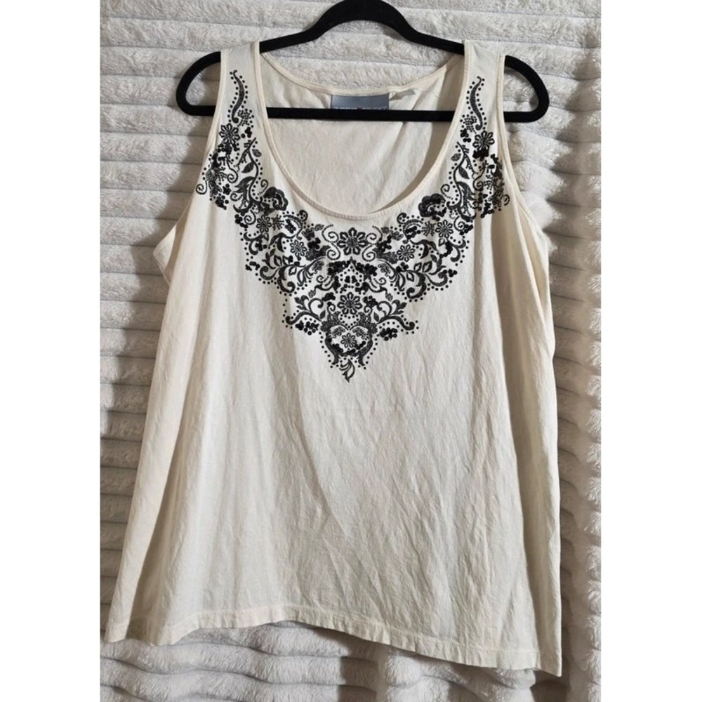 Avenue Studio Womens Plus Size 26/28 Pima Cotton Sequin Floral Tank Top Cream
